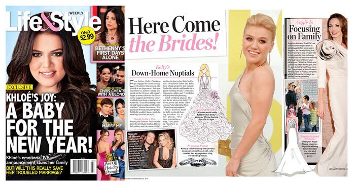 LIFE & STYLE Weekly magazine featured Winnie“s bridal sketch for singer Kelly Clarkson.